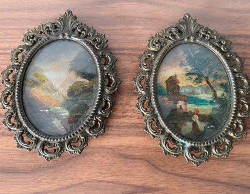 Vintage pair ornate brass - brass, oval